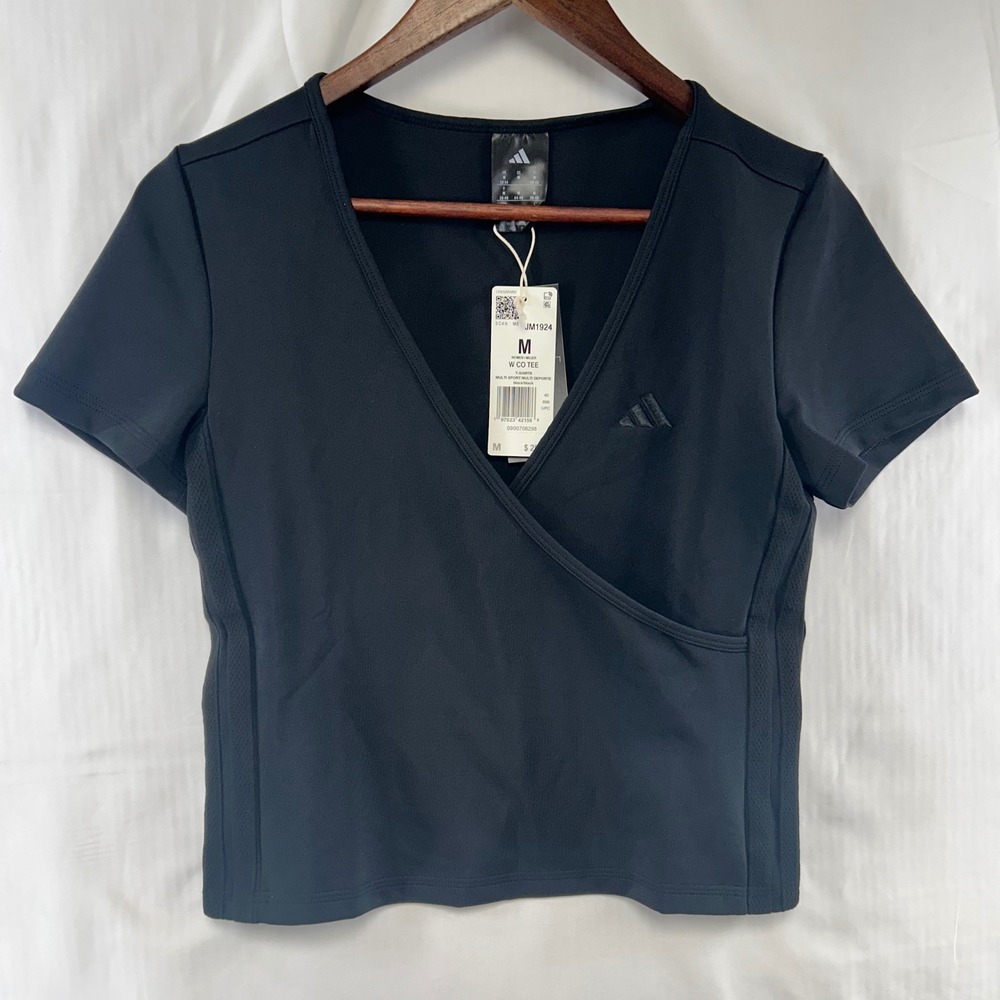 Adidas W CO TEE Women M Black Wrap Front V-Neck Short Sleeve Cropped T-Shirt